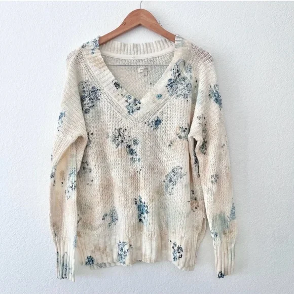 Pilcro Anthro Slouchy V-Neck Sweater Small Oversized Ivory Floral Bohemian - Picture 4 of 7